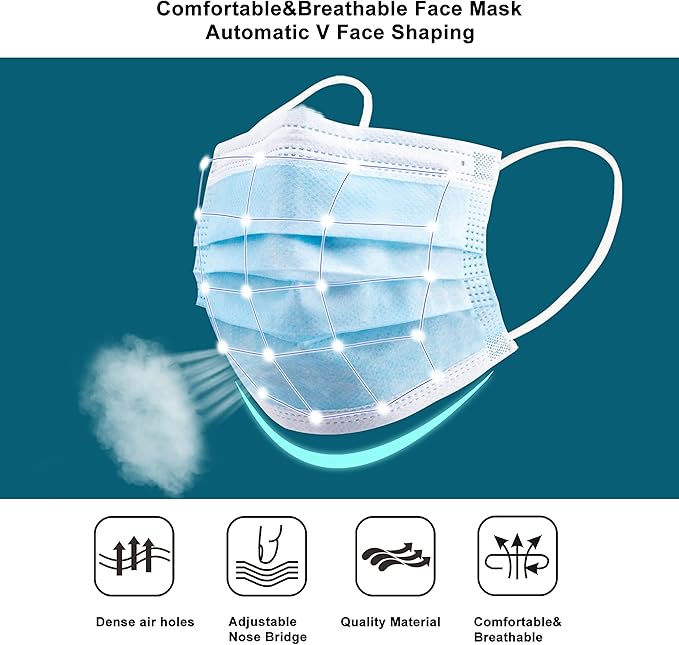 akgk Disposable Face Masks 100Pcs, Blue Face Mask, 3 Ply Disposable Mask with Elastic Earloops