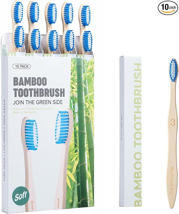 Bamboo Toothbrushes 10 Count, BPA-Free, Soft Plant-Based Tapered Bristles, Natural Wooden Toothbrush for Adults, Biodegradable Compostable Travel Tooth Brushes