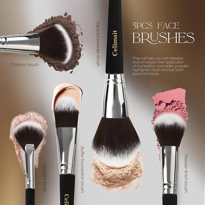 Makeup Brushes Set 12 Piece Professional & Beginner Friendly, Soft Synthetic Bristles for Face Eyeshadow Blending, Easy to Clean Travel Ready with Case, Ergonomic Wooden Handle (Dark Black)