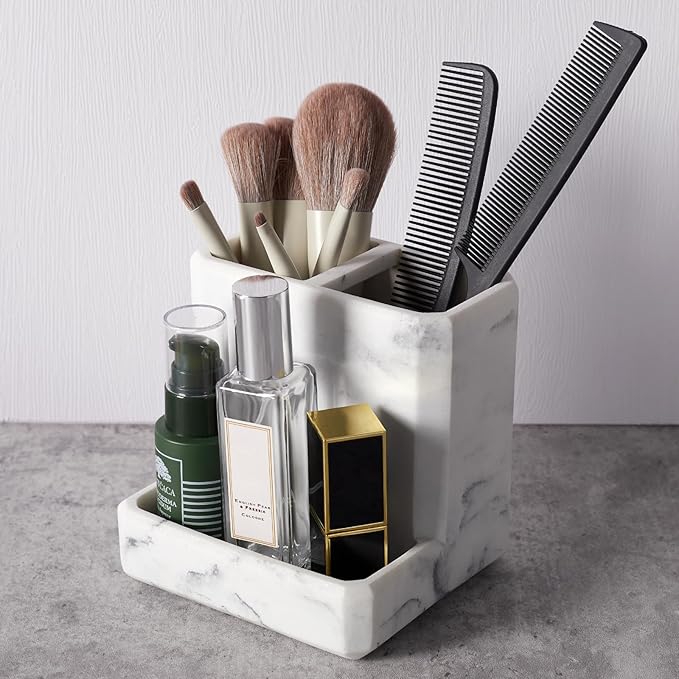 Toothbrush Holder for Bathrooms Organizer Countertop Organizer Accessories, with 3 Compartment Storage for Toothbrush Toothpaste Floss Razors, White Imitation Marble Finish Toothbrushholder03