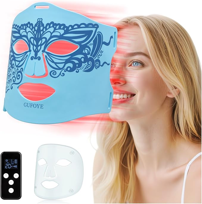 Red Light Therapy for Face Mask with Ice Compress, 850nm Infrared Red Light Therapy, 7+1 Light Modes Led Face Mask Light Therapy, Level 5 Timing, 3000mAh, Led Mask Light Therapy for Home, Blue