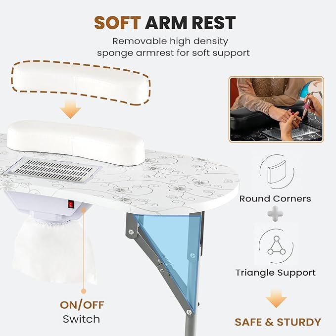 WELLHUT Nail Table All-in-One Manicure Desk w/Electric Dust Collector, LED Nail Lamp, Carry Bag & Wrist Cushion, Mobile Nail Desks w/Universal Mute Wheels for Manicurists Home Spa Beauty Salon