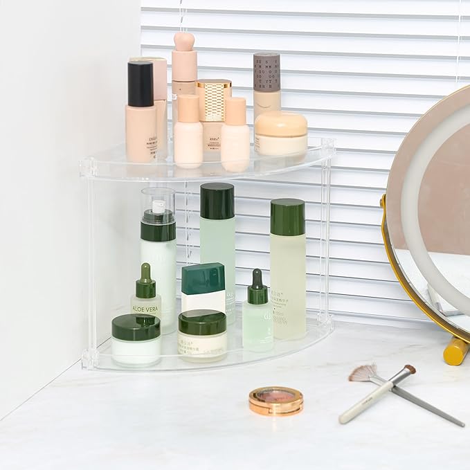 Yieach Clear Acrylic Bathroom Corner Shelf, 2 Tier Bathroom Counter Organizers and Storage Tray for Makeup,Perfume,Skincare Organizer Shelf & Vanity Storage for Bedroom and Spice Racks for Kitchen