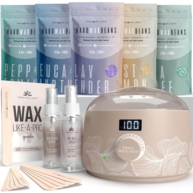 Tress Wellness Waxing Kit for Sensitive Skin – Safe for Face & Skin, Prep & Aftercare Spray, Easy to Use – At-Home Kit for Face, Bikini, Brazilian & Full Body - Digital Display, Dusty Peach