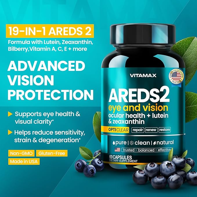 AREDS 2 Eye Vitamins - Lutein, Zeaxanthin, Bilberry, Astaxanthin Mineral Vision Supplement - Supports Eye Strain, Dry Eyes, Pressure, and Vision Health - Made in USA - 60ct