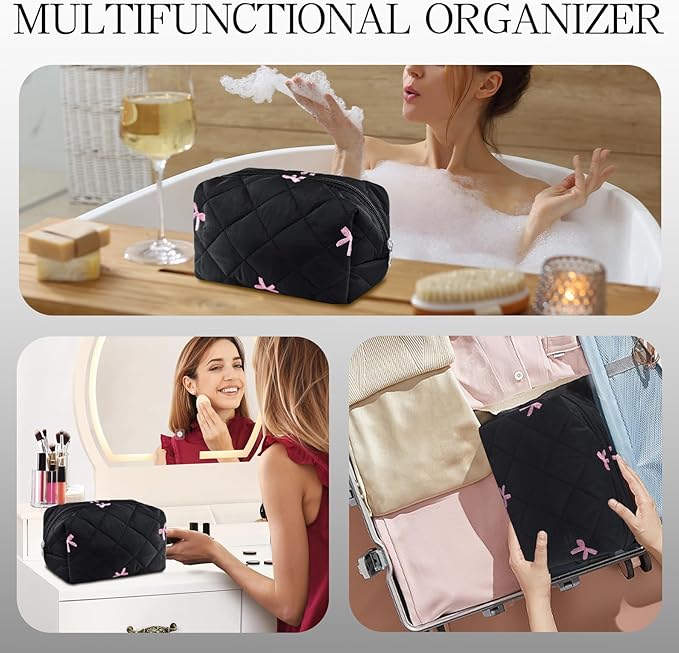 Quilted Makeup Pouch,Cotton Puffy Makeup Bag, Coquette Cosmetic Bag for Women and Girls, Aesthetic Organizer Bag, Cute Flower Travel Toiletry Bag