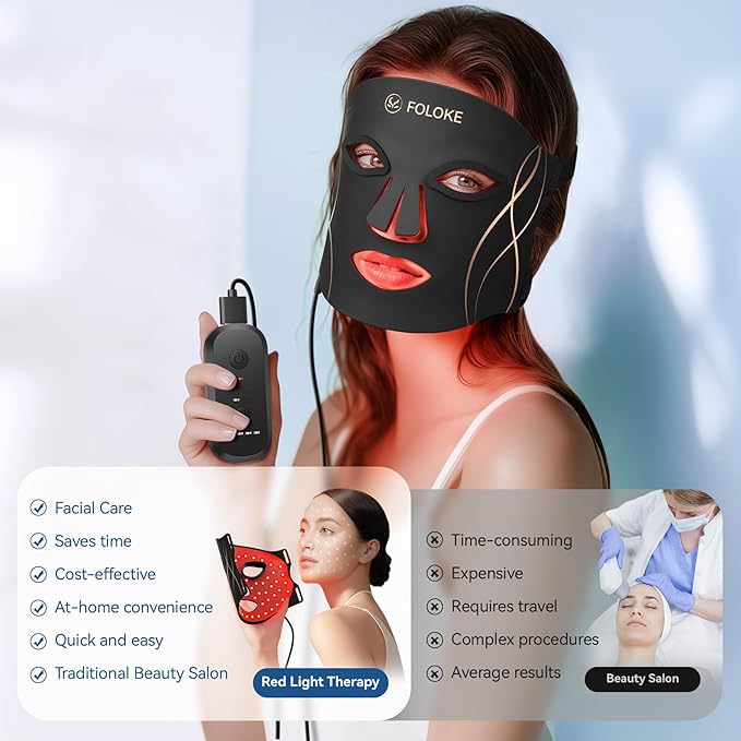 FOLOKE LED Light Therapy Mask Skin Care Mask, LED Red 630±5nm & NIR 830nm Wavelength for Home Use(TAN)