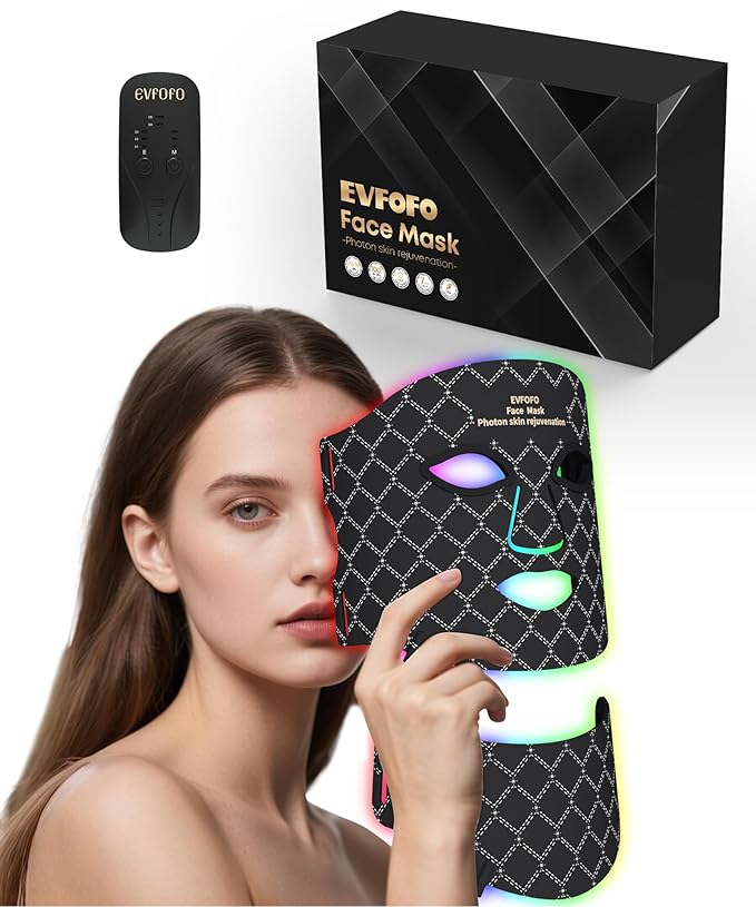 Red Light Photon Facial & Neck Mask with Remote Control, 7 Custom Modes with Infrared, Portable & Rechargeable with Timer for Home Use, 850nm Infrared & Red Light Masks, Black