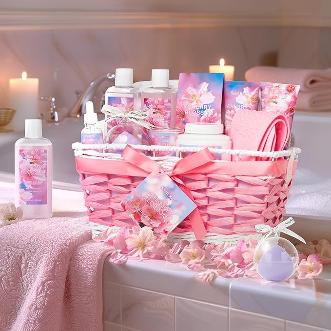 Bath & Body Gift Set, Luxury Home Spa Bath Gift Basket, Cherry Blossom spa kit for women,bath basket Christmas Gifts for Women & Teens, 12 Pcs Bath Spa Kit for women Body Kit Birthday Gift Christmas