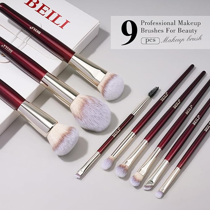 BEILI Makeup Brushes 9Pcs Makeup Brushes Set Premium Synthetic Foundation Concealers Blush Eyeshadow Eyeliner Powder Highlighter Blending Face Brush Set(Red)