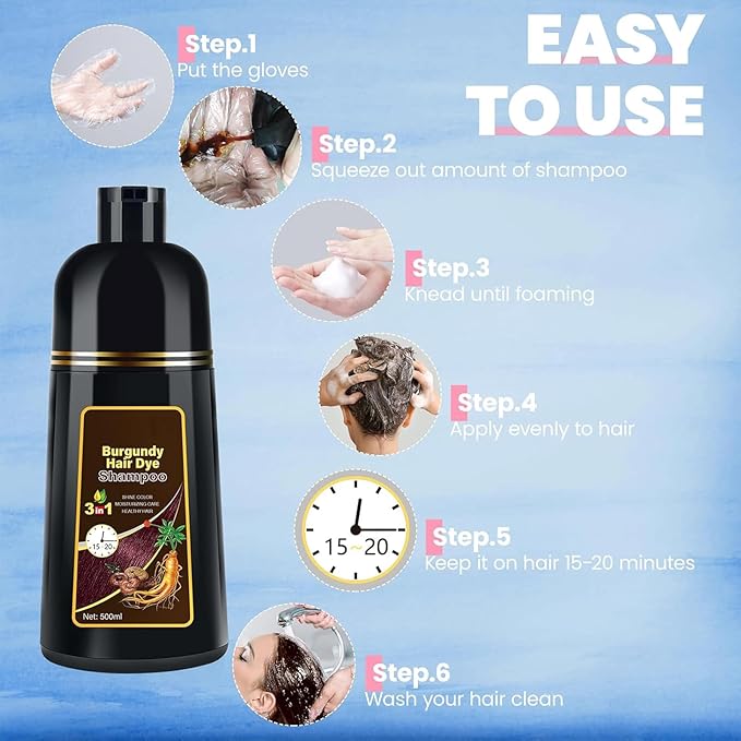 Hair Dye Shampoo for Gray Hair, 3 in 1 Herbal Ingredients Natural Shampoo Hair Dye for Women Men, Grey Coverage 500ml (DarkBurgundy)