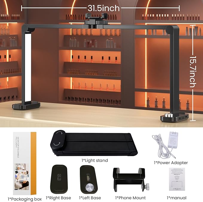 Nail Light for Desk,34 Inch 48W Half Moon Light-Adjustable 3000K-6000K Color Temp, 0-100% Brightness,Nails lamp with Phone Stand,for Nails Art,Tattoo,Eyebrow,Beauty,Reading,Salon