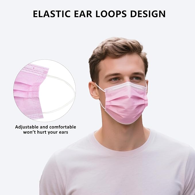 akgk 100PCS Pink Disposable Face Masks, 3-Ply Breathable Pink Face Mask For Adults