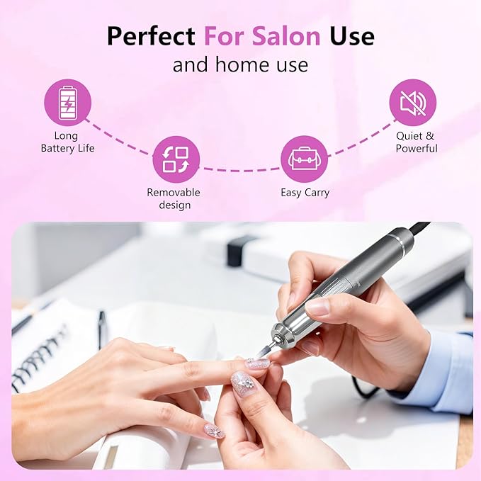 BETE Professional Nail Drill, 40000 RPM Cordless Electric Nail File Kit with 6 Bits, Rechargeable Efile for Acrylic Gel Nails Polishing, Manicure Tools for Salon Home Use, Rose Red