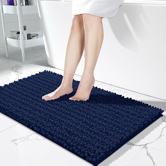 Yimobra Long Bathroom Rugs Non Slip Washable 44x24 Inch - Ultra Soft Absorbent Chenille Bath Mat, Quick Dry Shaggy Floor Carpet for Tub Shower, Navy Blue Home Decor Accessories