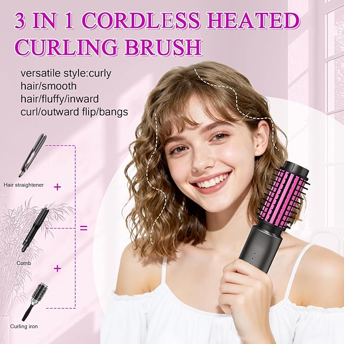 Mini Cordless Curling Iron Brush, Portable Hair Straightening Brush, Cordless Hair Curler Anti-Frizz with Negative Ions, 3-in-1 Crimper Hair Tool, Rechargeable Wave Curling Wand - Night Purple