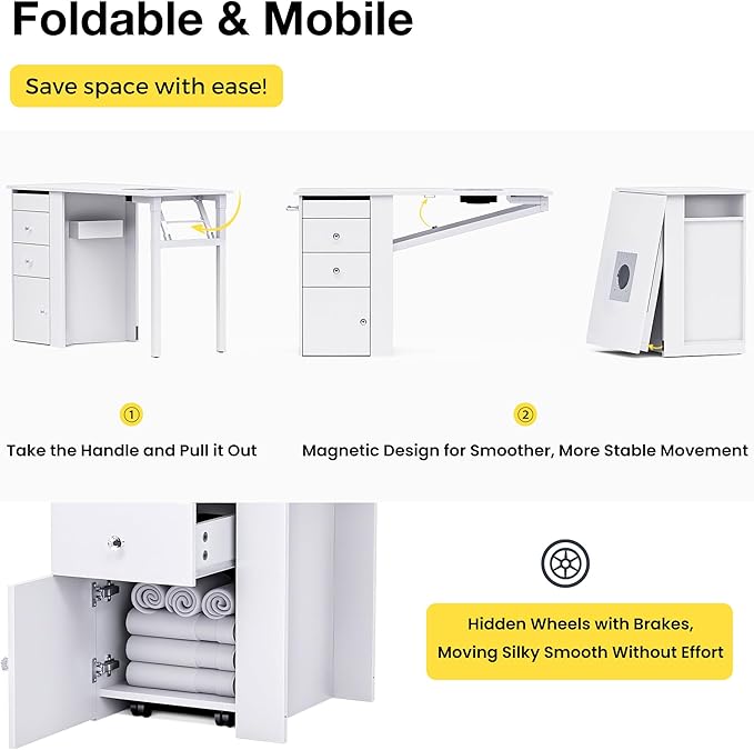 Foldable Nail Table with Dust Collector, Manicure Desk for Nail Tech, with LED Lamp, Wrist Rest, Rolling Nail Table for Salon, Home Beauty Workstation, Compact Nail Station with Storage (White)