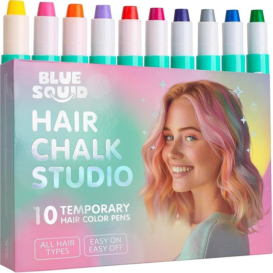 Blue Squid Hair Chalk for Girls Pens – 10 Dustless Vibrant Temporary Hair Color for Kids - Ideal Christmas, Birthday Gifts for Girls & Teens - Kid Safe, Washable Hair Dye for Ages 6 7 8 9 10 11 12