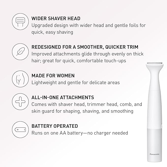 Panasonic Bikini Trimmer and Shaver for Women with 4 Attachments for Fast Easy Gentle Grooming in Intimate Areas, Use Wet/Dry, Electric Razor, Battery-Operated – ES-WV62-H (White/Silver)