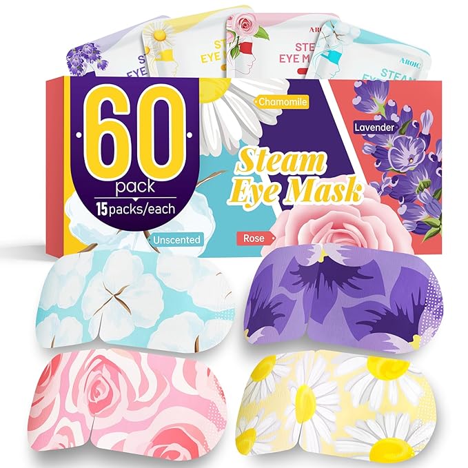 AROIC 60 Pack Steam Eye Masks Disposable for Dry Eyes, Heated Eye Mask Warm Compress for Eyes, Relaxation Gifts, Travel Essentials - Lavender, Unscented, Chamomile, Rose