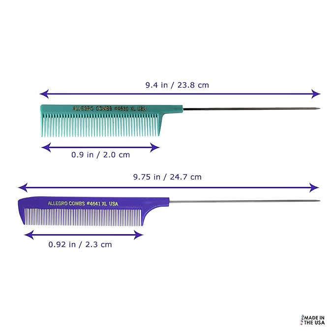 Allegro XL Pintail Rat Tail & Parting Combs - Metal Tail Foiling & Pin Combs (2 Pc., Purple & Mint)