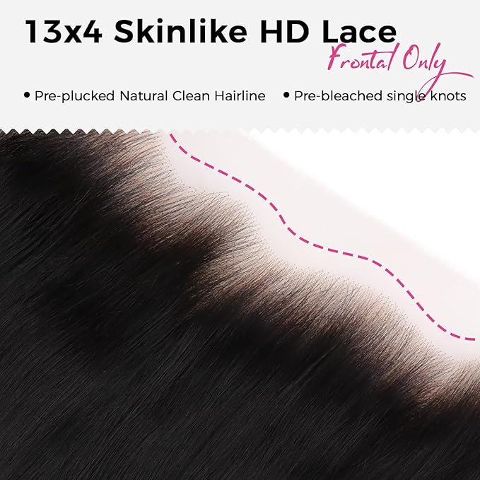 Lashey 13x4 SKINLIKE HD Lace Frontal, 0.10mm Ultra-Thin Invisible Real HD Frontal Pre Bleached Knots Pre Plucked Hairline Straight Human Hair 18 Inch Natural Black