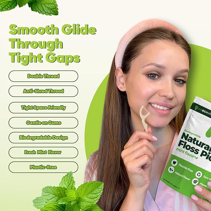 Dual Thread Dental Floss Picks - Straw Wheat Flossers | Thin & Shred-Resistant Thread for Tight Gaps | Dental Flossers for Adults | Gentle on Gums & Teeth | Vegan (200 Pack, Mint)