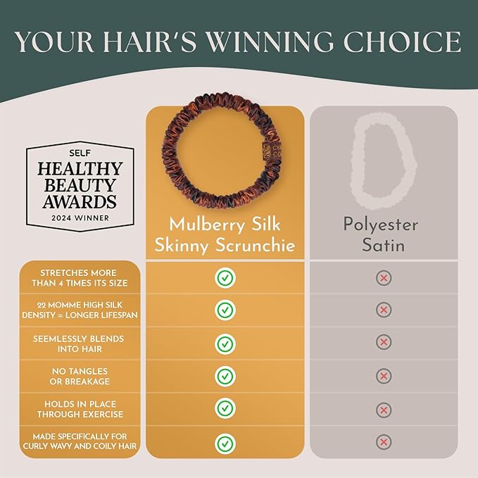 Authentic Mulberry Silk Skinny Hair Match Scrunchies for Women, Anti Breakage Hair Ties for Curly Thick & Thin Hair, 100% Silk for Buns & Ponytail, Strawberry/Auburn (4 Pack)