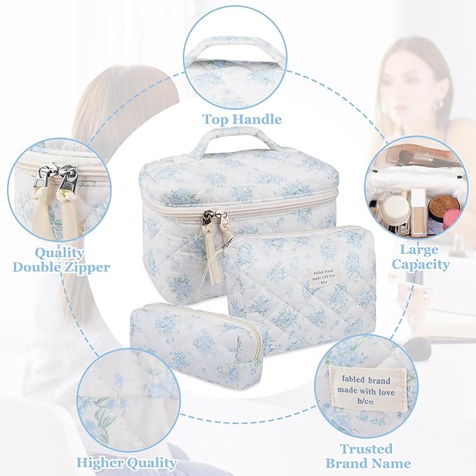 Makeup Bag Set, Quilted Makeup Bag, Large Floral Cosmetic Bag for Women, Cute Cotton Makeup Bags, Flower Travel Toiletry Organizer Bag (Blue Rose)
