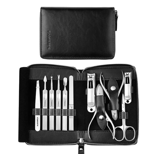Manicure Kit, FAMILIFE Professional Manicure Set Nail Kit, 11 in 1 Stainless Steel Nail Clippers Set, with Portable Black Leather Travel Case Luxury Gifts for Him