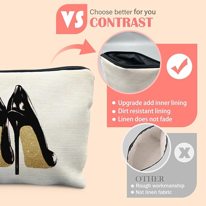 Trendy Black and Gold Makeup Bag for Women, Fashion Glitter High Heels Modern Aesthetic Cosmetic Bag for Purse, Trendy Girly Makeup Zipper Pouch