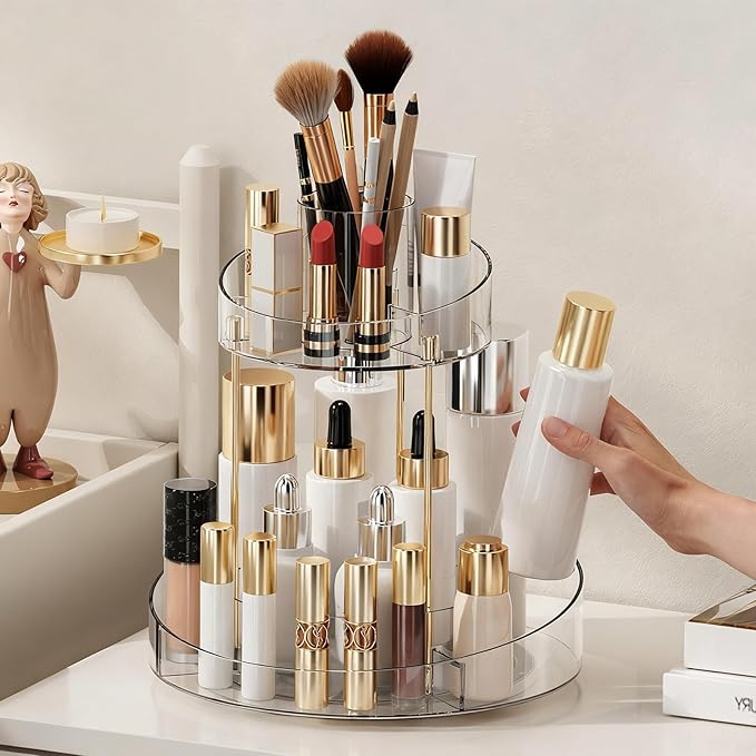 2 tier Makeup Organizer Countertop,360 Rotating Makeup Organizer for Skincare, Lipstick and Perfumes,Multi-function Cosmetic Display Cases for Vanity,Bathroom,Transparent