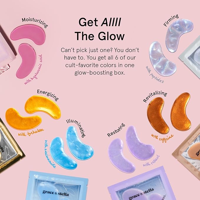 grace & stella Under Eye Mask Variety Pack - 18 Pairs of Under Eye Patches for Dark Circles - With 6 Colors (3 Pairs/Color) - Gel Masks Puffy Eyes for Women, Vegan Cruelty Free Christmas Gifts for Mom