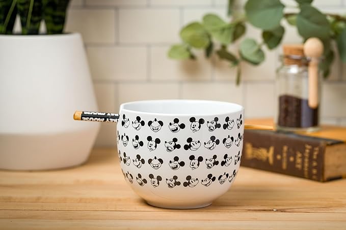 Silver Buffalo Disney Mickey Mouse Expressions Ceramic Ramen Noodle Rice Bowl with Chopsticks, Microwave Safe, 20 Ounces