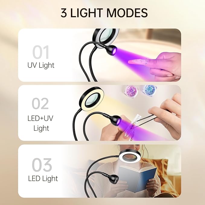 AORAEM LED UV Nail Lamp: Double-Headed Gooseneck U V Lamp for Gel Nails, LED Flash Cure Light with 6X Magnifier Home DIY Salon, Black