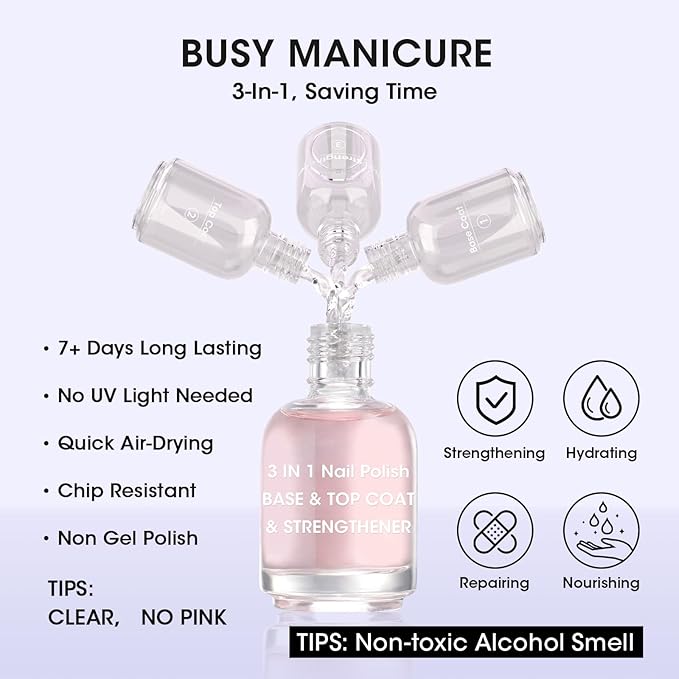 Gellen 3-In-1 Clear Nail Polish Base Top Coat & Strengthener, Sheer Nail Polish Hydrates Strengthens Nourishes Weak Damaged Dry Nails, Keratin & Vitamin E Formula, Hema Free, Non-toxic, Anti-yellowing