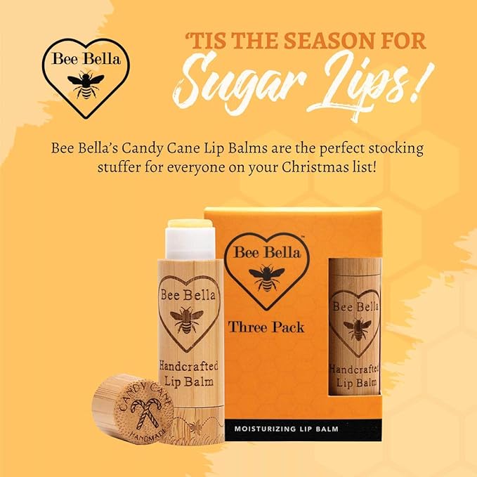 Bee Bella Lip Balm, Candy Cane, 3 Pack - Hydrating, Moisturizing Lip Care, 100% Natural, Original Organic Beeswax with Vitamin E, Handmade in USA