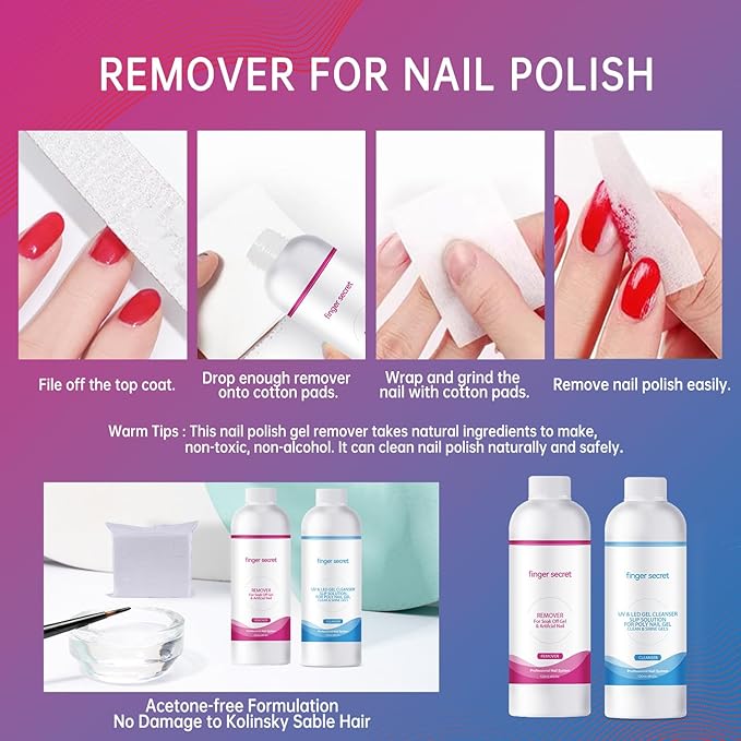 Nail Polish Remover Kit Nail Polish Remover & Slip Solution Polish Remover for Nails Slip Solution for Poly Gel Nails with Glass Cup Nail Cleaning pads