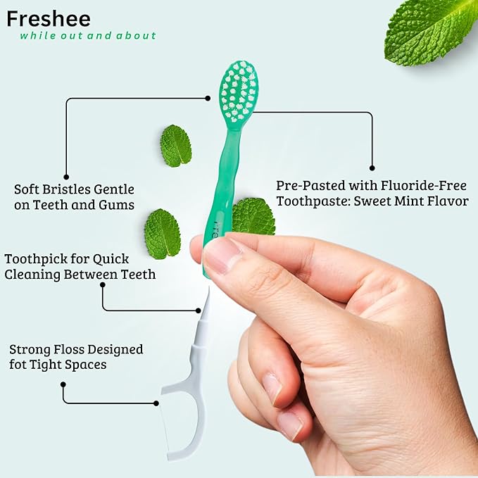 Freshee Paste - 5 in 1 Disposable Mini Toothbrush with Soft Bristles & Toothpaste + Floss + Pick + Tongue Scraper | Travel Size | Individually Wrapped | Soft | Mint | Travel Set |Oral Care