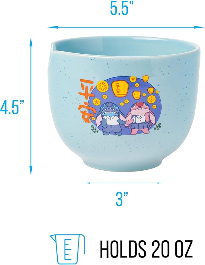 Silver Buffalo Lilo and Stitch Angel Holding Hands Couple Floating Lantern Ceramic Ramen Noodle Rice Bowl with Chopsticks, Microwave Safe, 20 Ounces