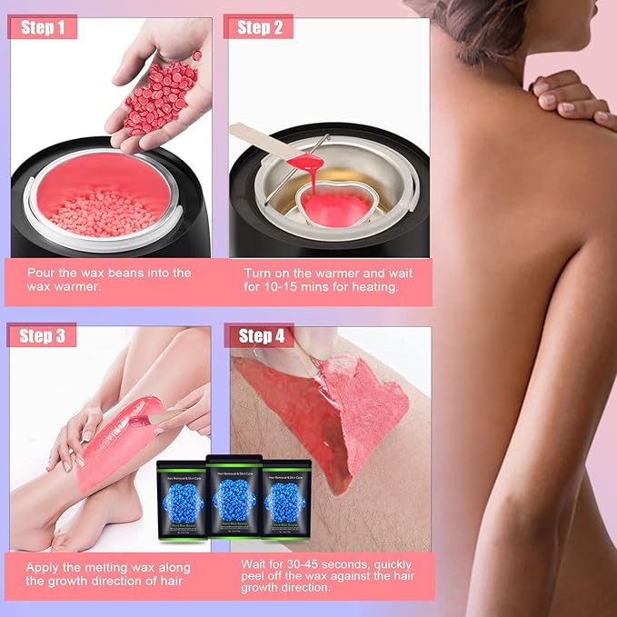 Wax Beads for Hair Removal 10.5oz (300g), Auperwel Hard Wax Beads Beans for Sensitive Skin Brazilian Waxing, Face, Bikini, Eyebrow, Legs, Painless for Women Men, 3 packs Kit with 10 Sticks
