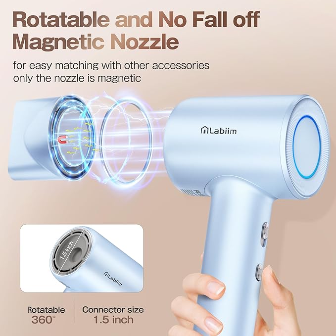 Hair Dryer, High-Speed Ionic Low Noise Blow Dryer with Brushless Motor for Fast Drying, Thermo-Control Quiet Compact Hair Blow Dryer, Hairdryer with 1 Nozzle Attachments for Home Salon Travel