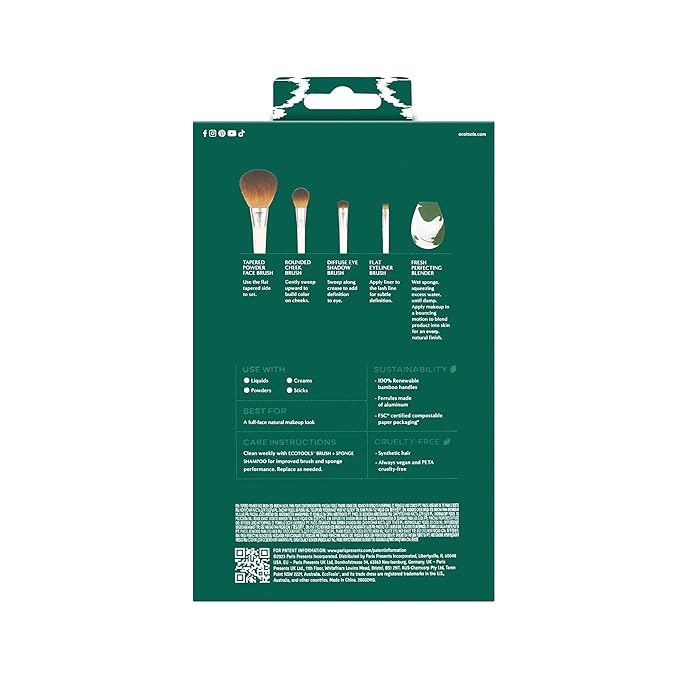 EcoTools Core Five Makeup Brush and Sponge Kit, For Eyeshadow, Blush, Bronzer, Eyeliner, & Foundation, Makeup Blending Sponge, Brush Essentials, 5 Piece Set