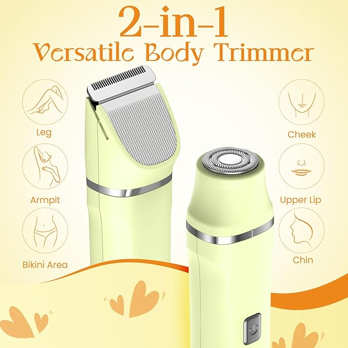 Bikini Shaver for Women Men Tiktok Trend Items - Ergonomic Design, Floating Head, Lightweight Electric Trimmer Razor Set, Waterproof IPX7 Wet/Dry Pubic Hair Removal, Safe Ceramic Blade - Yellow