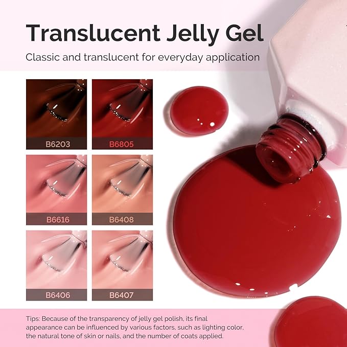 MelodySusie Jelly Gel Nail Polish Set,6 Transparent Colors,Milky or Jelly Texture,Autumn and Winter Dark Colors Soak Off UV LED Light Cure or Salon Manicure and Nail Art DIY at Home