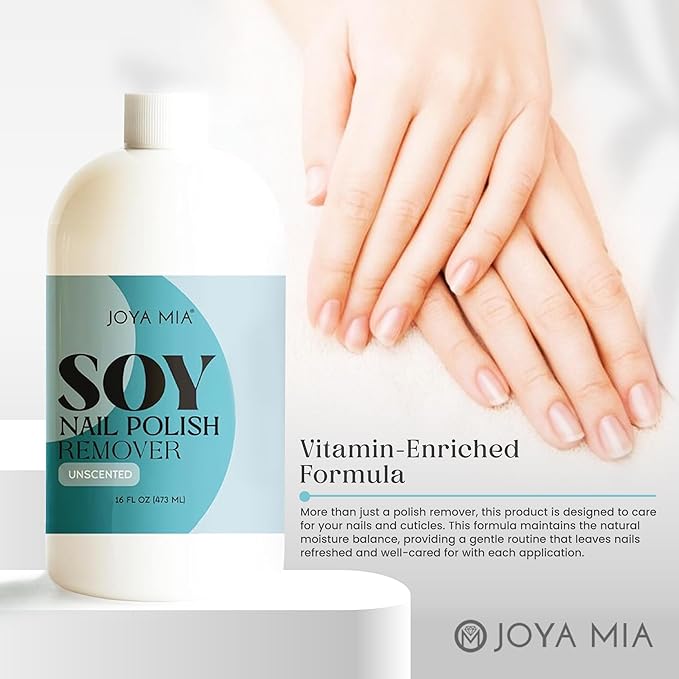 JOYA MIA Soy Nail Polish Remover - Acetone-Free w/Hydrating Ingredients, Nourishing Soy-Based Nail Care, Vegan, Gentle on Cuticles, Great for Quick & Clean Removal, Easy Application - Unscented, 16oz