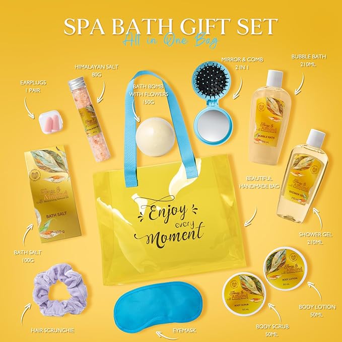 Spa Gift Baskets for Women, Spa Gifts for Women - 10pcs Honey Almond Tote Bag Bath Sets with Body Lotion, Bubble Bath, Relaxing Bath Sets, Birthday Christmas Gifts for Her