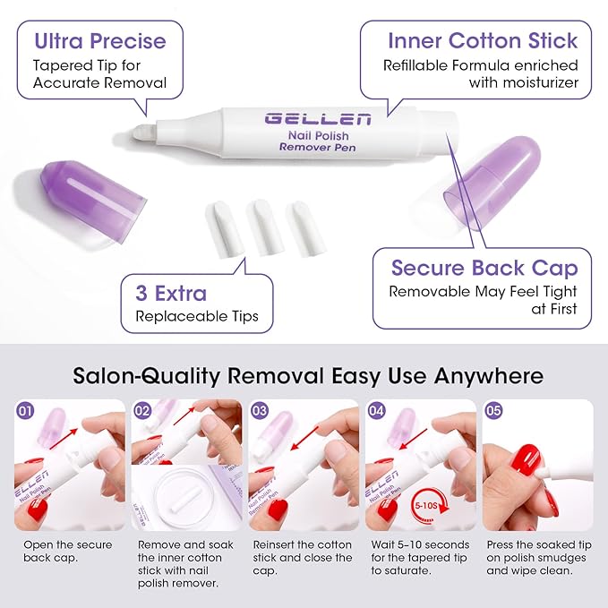 Gellen Nail Polish Remover Set Lavender Scent – Formula with Aloe & Vitamin E, Includes Precision Corrector Pen & 3 Replacement Tips, Acetone-Free & Non-Drying for Regular Nail Polishes