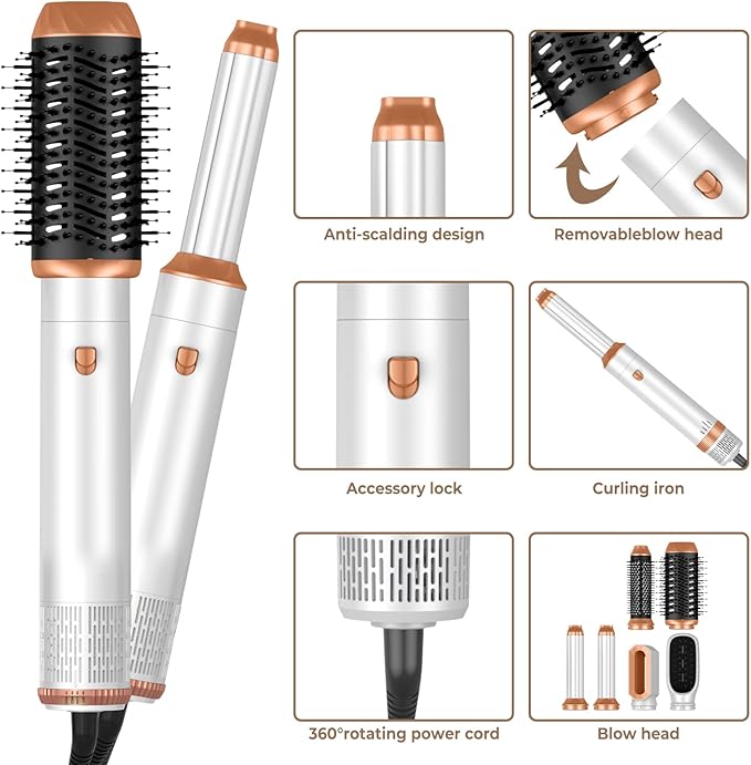 6 in ONE Hair Dryer Brush, Blow Dryer Curling Wand Hair Styling Tools Set, Ionic Hot Air Massage Oval Blowout Hair Dryer, Left&Right Hair Styler 100-120V