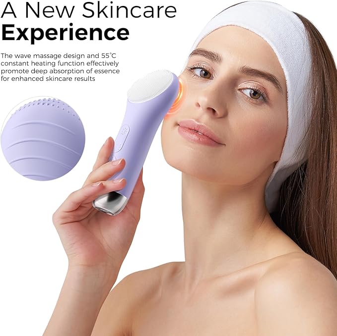 Facial Cleansing Brush Electric Face Scrubber - Rechargeable Face Cleansing Brush with 4 LED Gentle Light Silicone Heat and Vibration Exfoliator Massage Deep Cleansing,IPX7 Waterproof,Ideal Gift﻿